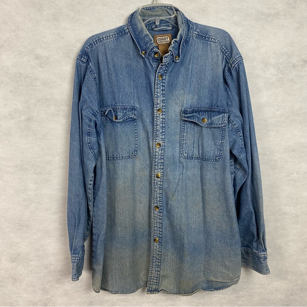 Vtg CE SCHMIDT WORKWEAR Shirt Mens XLT Denim Blue Long Sleeve Button Up Stained